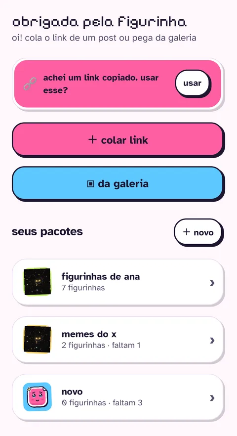 tela inicial do app com o botão colar link e a lista de pacotes