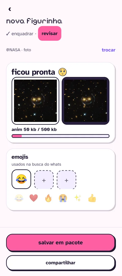 tela de revisar a figurinha pronta, com emojis